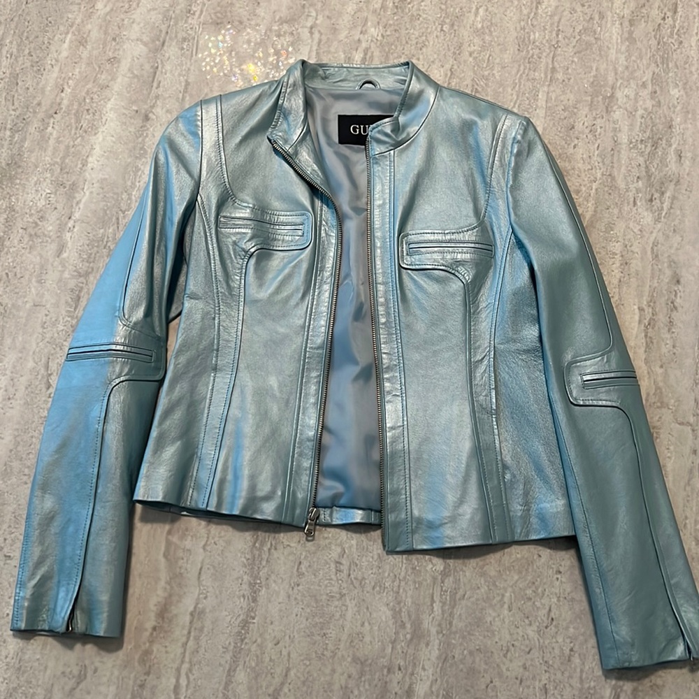 Guess Light Blue Leather Jacket